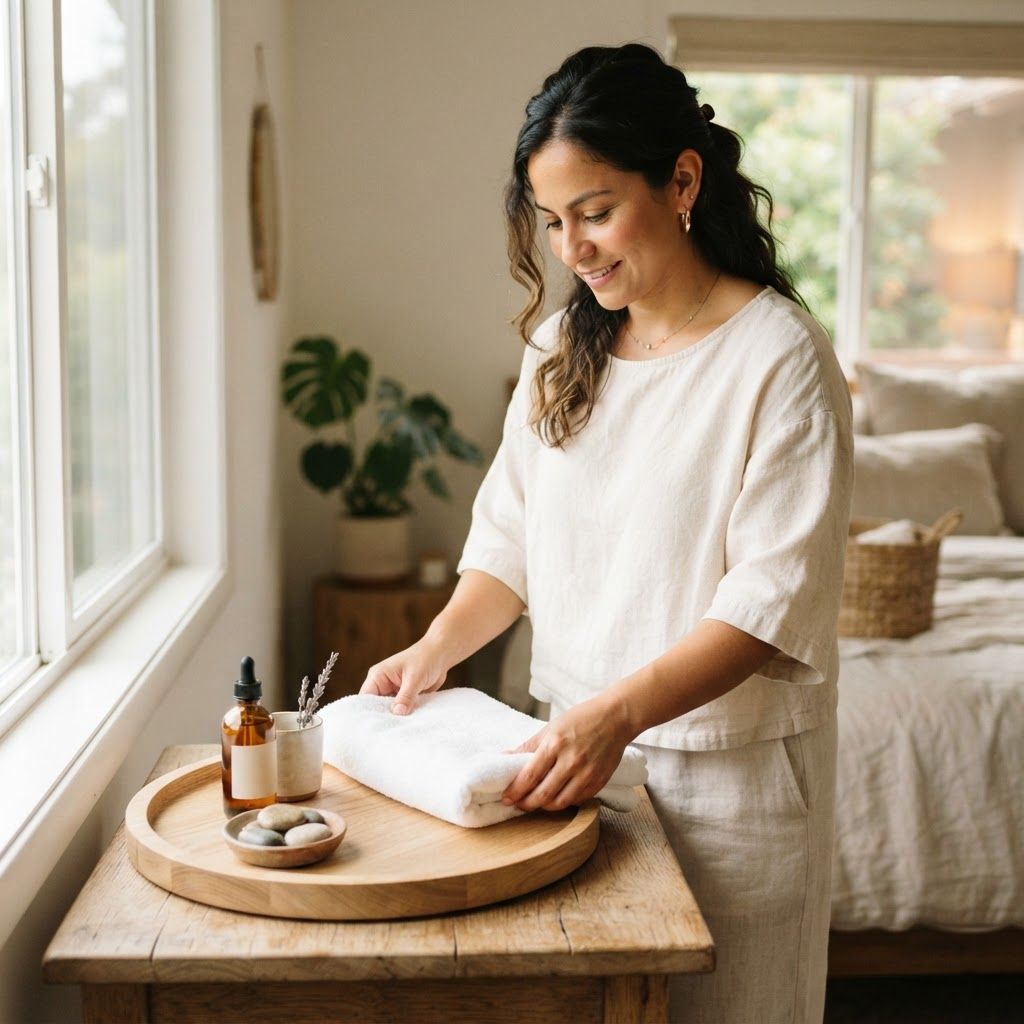 A wellness professional preparing an in-home appointment